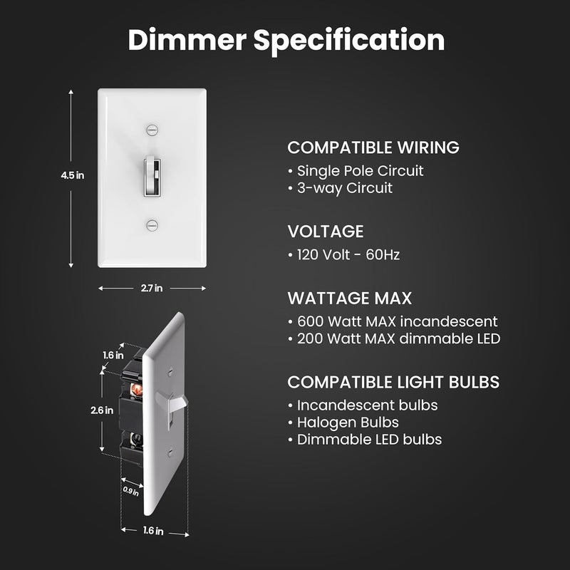 Feit Electric Toggle Dimmer with Light Switch for Dimmable LED Light Bulbs, Single Pole or 3-Way, Wall Plate and Wire Nut Installation Included, DIM/Toggle/2, 2 Pack - Image 3